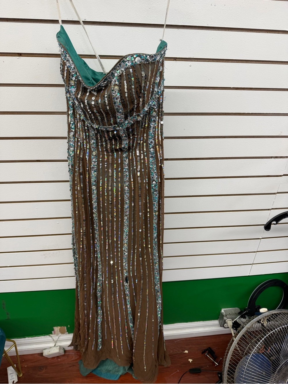 Alyce Designs Beaded Sequin Evening Gown Brown Teal Formal Dress Size 10